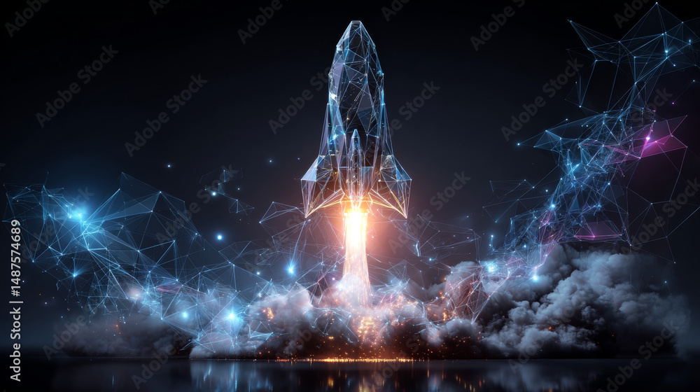 Poster rocket launch. business startup concept form lines, triangles and particle style design. illustratio