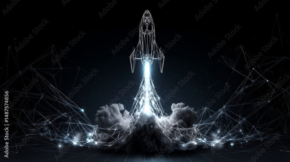 Poster rocket launch. business startup concepts form lines, triangles and particle style design. illustrati
