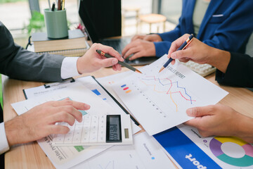 Business people, collaboration and paperwork with hands, statistics and social media trends. Office, writing and review of content creation team with SEO and target audience info for web update