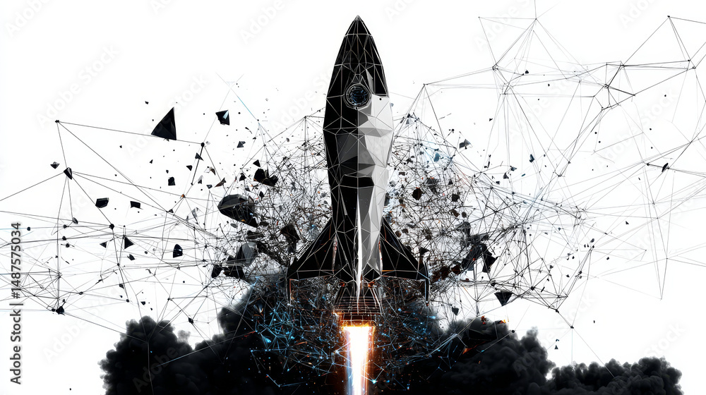 Poster rocket launch. business startup concepts form lines, triangles and particle style design. illustrati