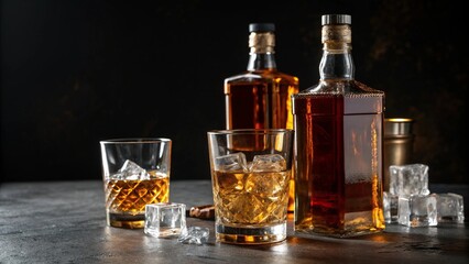 Whiskey Bottles and Tumblers with Ice in Dramatic Lighting