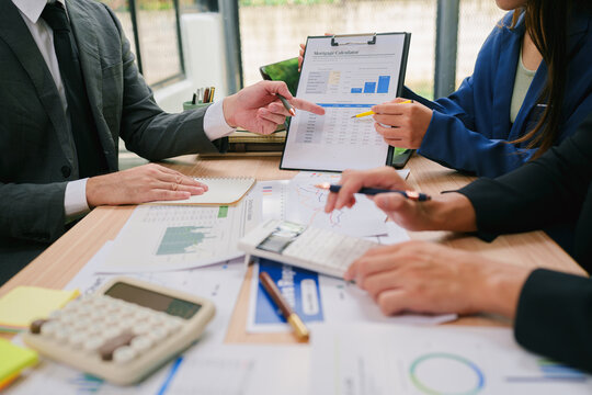 Finance marketing research reports paper close up, economic sales statistics documents lying on office desk, business people planning organization process