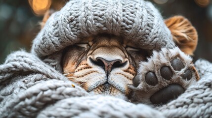 A majestic lion, eyes closed, peacefully rests nestled within a cozy, oversized knitted sweater