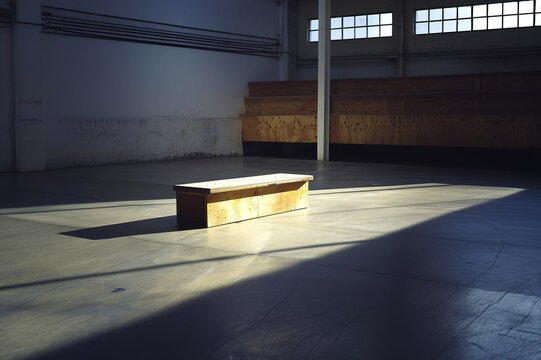 A wooden bench sits in a spacious room, bathed in sunlight and casting a shadow on the concrete floor, with a large window in the background.