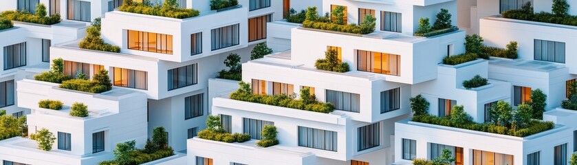 Fototapeta premium White Modern Architecture with Rooftop Gardens, Urban ,Eco-friendly
