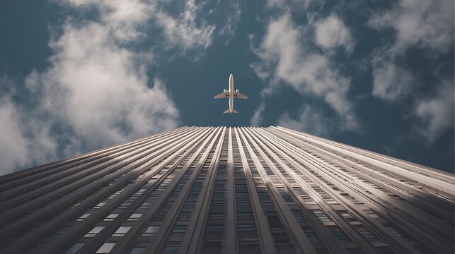 A jet flying above a scyscraper .