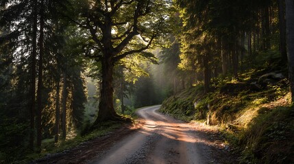 A lonely dirt road winding through a dense forest, with sunlight streaming through the tree canopy above. .