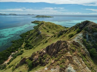 Aerial view of Padar Island between Komodo and Rinca Islands near Labuan Bajo in Indonesia.