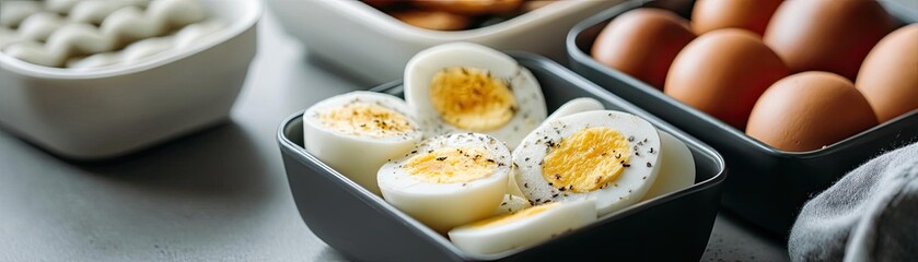 Meal prep for protein and nutrition in yolk concept. Delicious boiled eggs arranged in a modern kitchen setting.