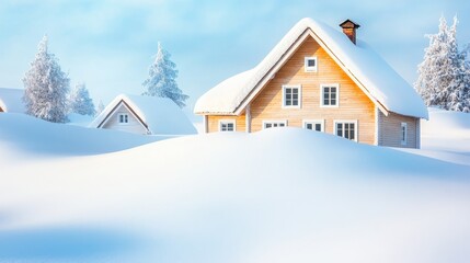 Wooden House Buried In Deep Snow, Winter Scenery, Northern , Landscape