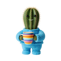 Quirky cactus in a blue hoodie with rainbow stripes looking cheerful