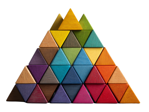Colorful pyramid of wooden triangles, isolated on white background.