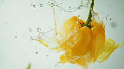 Yellow bell pepper with water splashes on white background