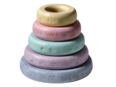 Colorful wooden stacking rings, white isolate background.