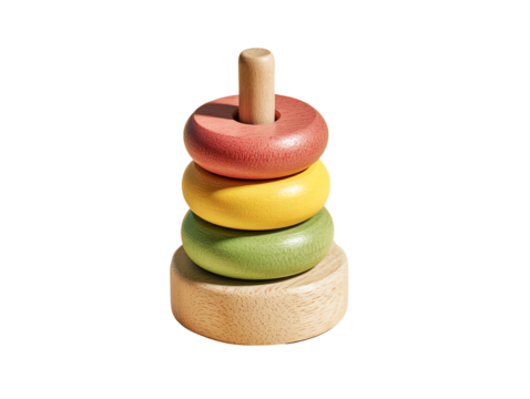 Colorful wooden stacking toy on white isolated background.