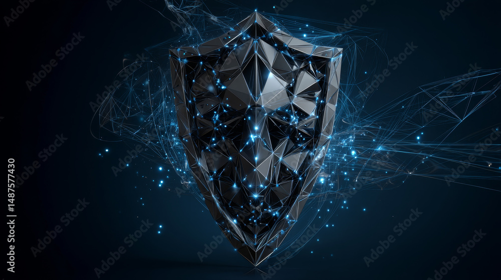 Poster security shield protection form lines, triangles and particle style design. illustration vector