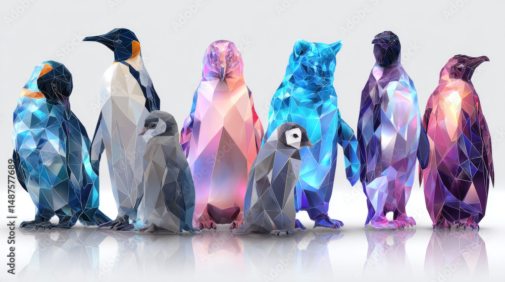 Poster penguin set in colorful low poly polygonal. cute walking penguin icon in abstract colorful logo. vec