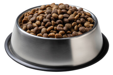 Dog food in a stainless steel bowl on a white isolated background.
