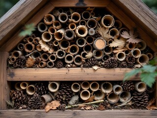 Wooden insect hotel with bamboo tubes and pine cones
