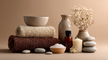 composition with spa supplies on beige table .