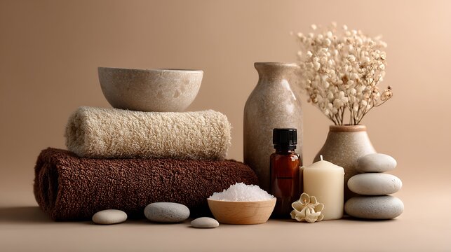 composition with spa supplies on beige table .
