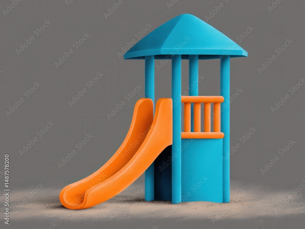 Poster brightly colored play structure featuring turquoise and orange slide set against a neutral backgroun