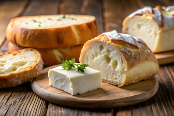 White cheese near bread with a bite captured in rustic culinary style