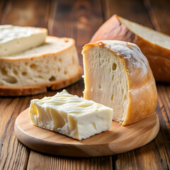 White cheese near bread with a bite captured in rustic culinary style
