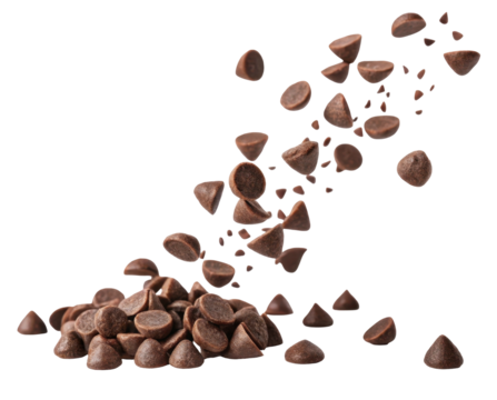 Falling Chocolate Chips and Pieces Creating a Delicious Burst of Sweetness on Transparent Background