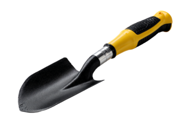 Garden trowel with black blade and yellow handle, white isolate background.