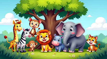 Fototapeta premium Cheerful Cartoon Jungle Animals Gathered Under a Large Tree