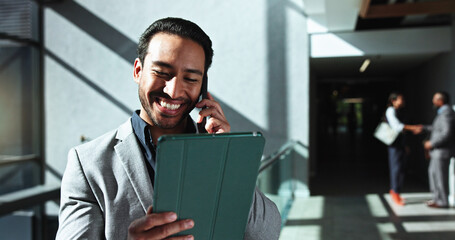 Office, businessman and tablet with phone call for talking, negotiation and consulting for finance....