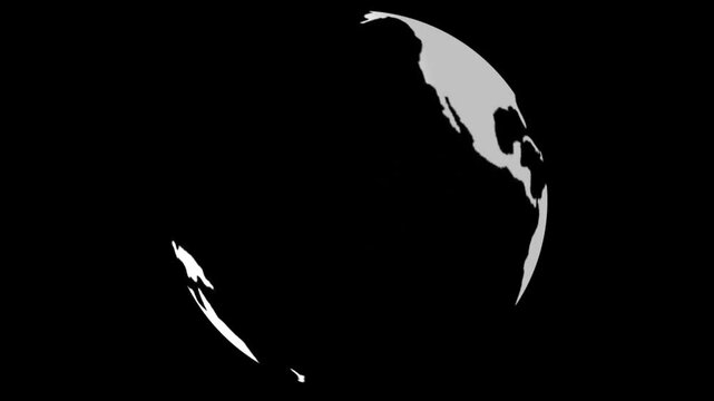 World globe map spinning in white lines on a black background. 3D planet Earth map rotating in seamless loop. Concept of technology, engineering,