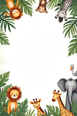 Cute Cartoon Jungle Animals Frame with Tropical Leaves and Empty Center