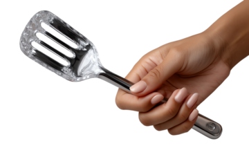 Hand holding a metal spatula on a white isolated background.