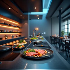 Modern kitchen with bluelit counters and plates of food