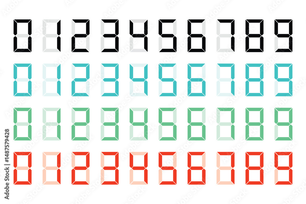 Aufkleber digital display of black, blue, green, and red numbers in seven segment style on transparency backgr