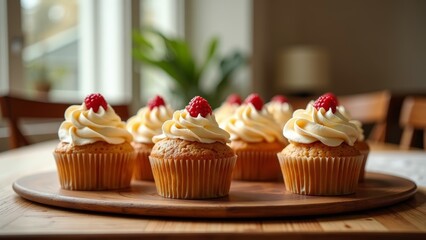 A round wooden tray with four cupcakes on a table