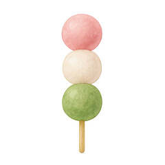 Colorful dango dessert with pink, white, and green mochi balls stacked on wooden stick, traditional Japanese sweet treat
