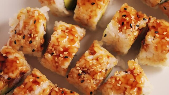 A set of sushi rolls with spicy sauce and shrimps tempura. Tempura rolls on a plate. High quality 4k footage