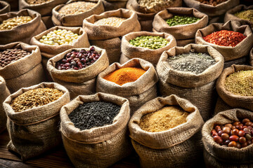 Fototapeta premium Seeds in sacks with natural agricultural presentation and rustic storage style