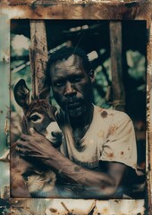 A bearded man with dark skin holds a miniature donkey with a brown coat and white blaze, set against a blurred outdoor backdrop with trees and foliage.
