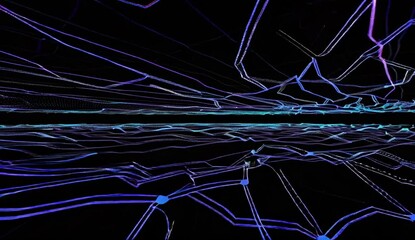 High-tech digital wireframe 3D network glowing with connections and pulses across black background, visualizing futuristic data communication infrastructure - Powered by Adobe