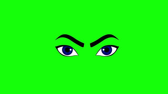 2d Cartoon girls beautiful eyes blinking font side view 4k animation green screen