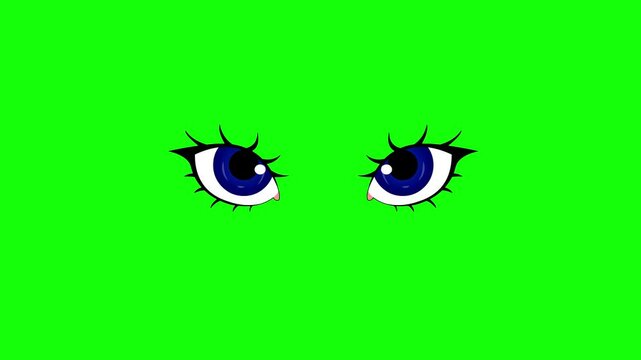 2d Cartoon girls beautiful eyes blinking font side view 4k animation green screen