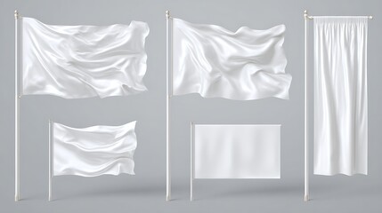 Realistic white advertising textile vector flags and banners, set .
