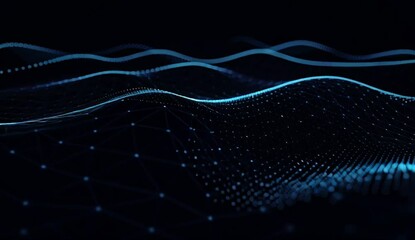 Animated 3D technological mesh with glowing connection points and digital threads forming complex network structure on dark futuristic black backdrop - Powered by Adobe