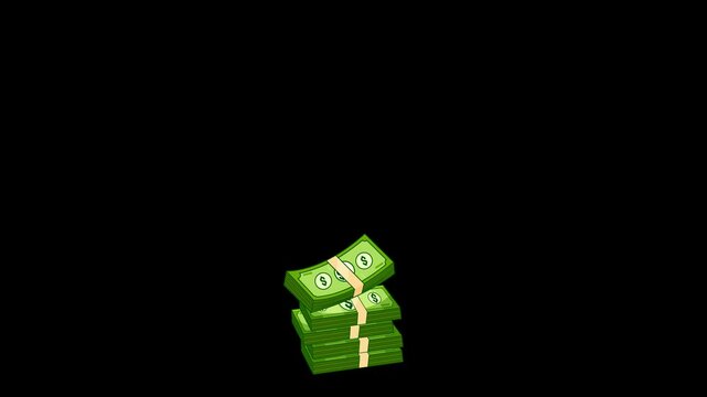 2d cartoon money bundles of dollar falling animation green screen