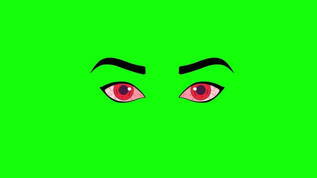 2d Cartoon red eyes blinking font side view 4k animation green screen