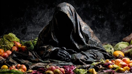 Processed food transforms into a grim reaper's cloak with rotting produce, symbolizing the deadly impact of unhealthy diets.